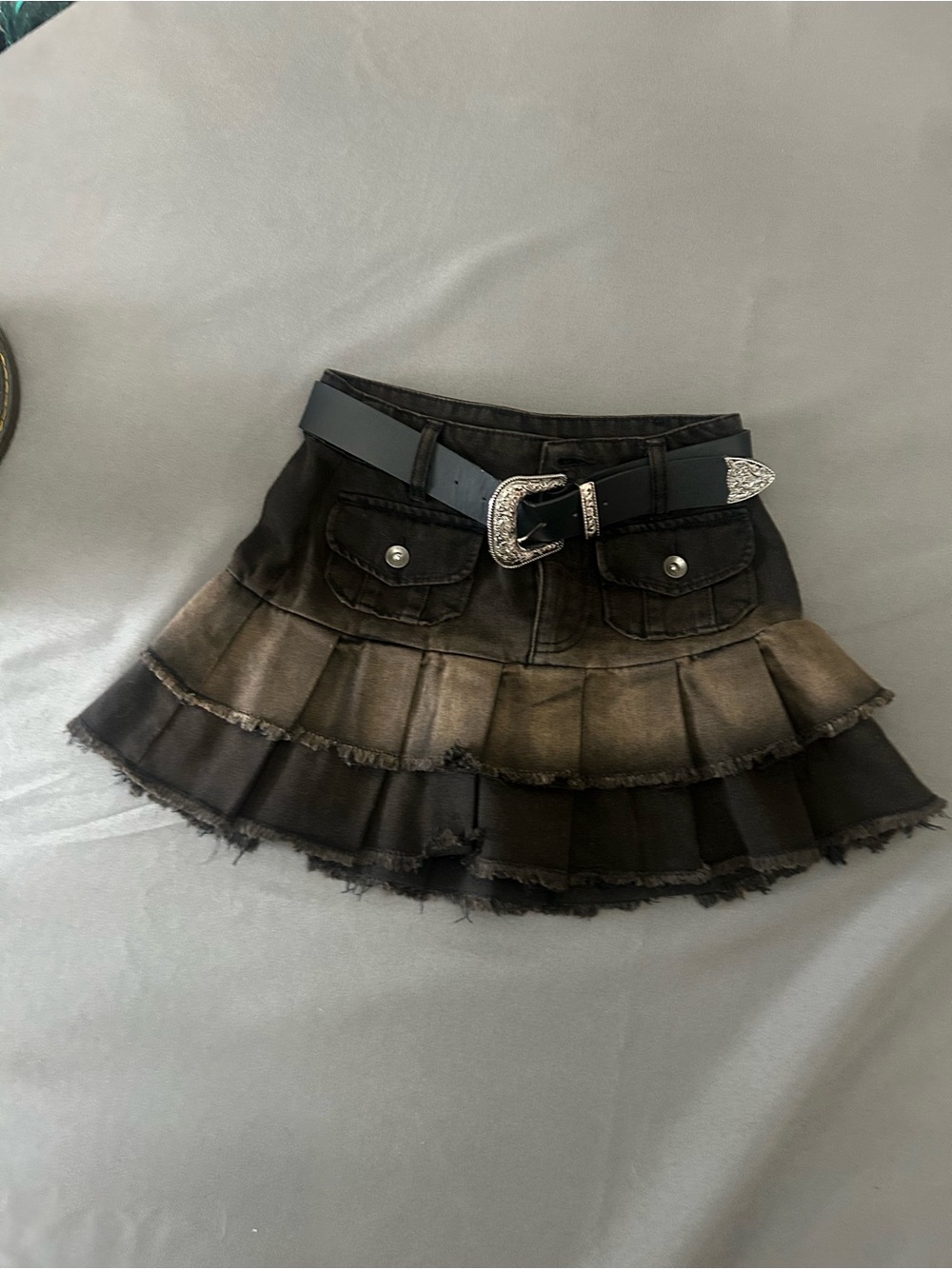 Black Ombre Tiered Denim Mini Skirt with Belt